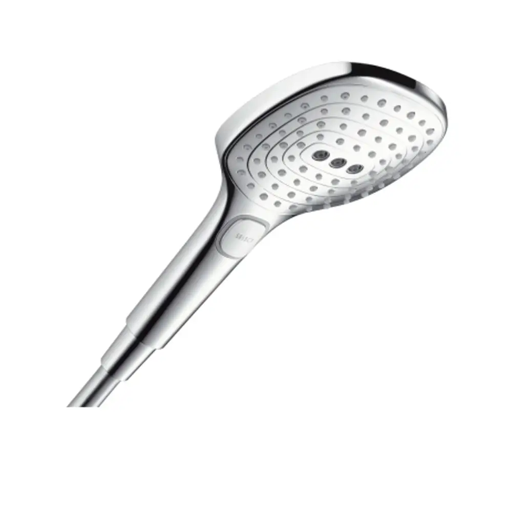 Handbrause mit runder Kopfplatte und mehreren Düsen, hergestellt von Hansgrohe. Sie verfügt über eine Select-Taste zur Anpassung der Strahlarten.
